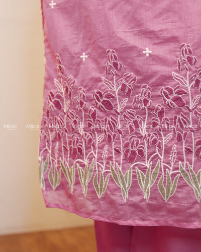 Mul Chanderi Co-ord Set | Embroidered Top + Semi-Parallel | Pink