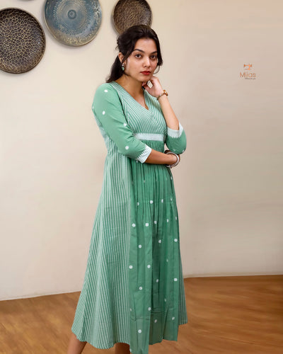 South Flex Cotton Kurti | 3-Panel | Pleated | Pista Green