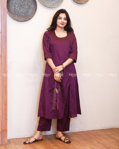 Cotton Co-ord Set | A-Line Slit Top + Potli Buttons + Pockets | Rich Purple