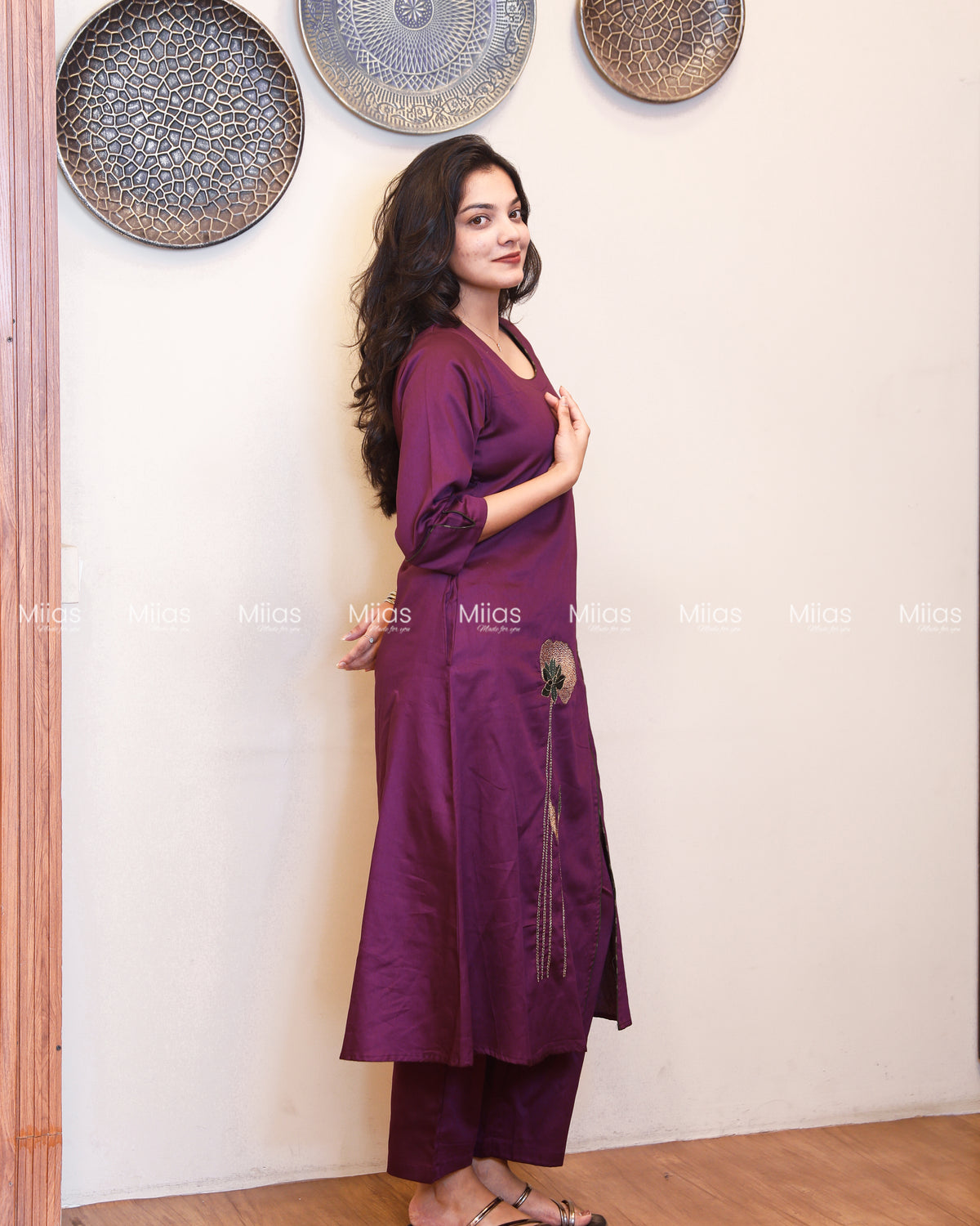 Cotton Co-ord Set | A-Line Slit Top + Potli Buttons + Pockets | Rich Purple