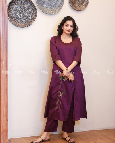 Cotton Co-ord Set | A-Line Slit Top + Potli Buttons + Pockets | Rich Purple