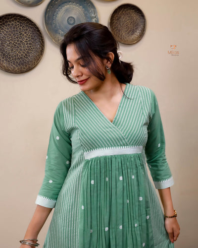 South Flex Cotton Kurti | 3-Panel | Pleated | Pista Green