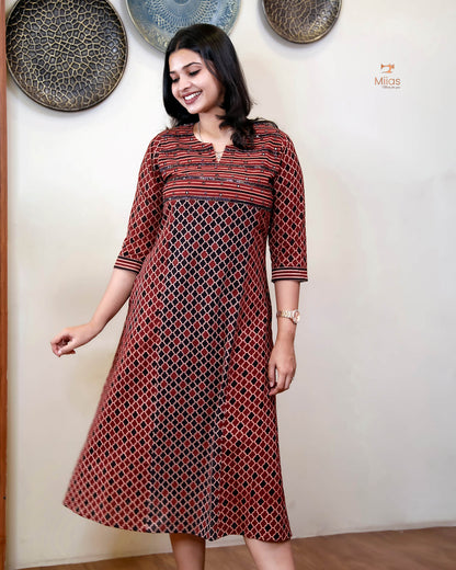 Handblock Print Ajrakh Cotton Kurti: Embroidered Yoke & Two-Tone Style-Red