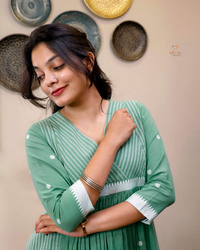 South Flex Cotton Kurti | 3-Panel | Pleated | Pista Green