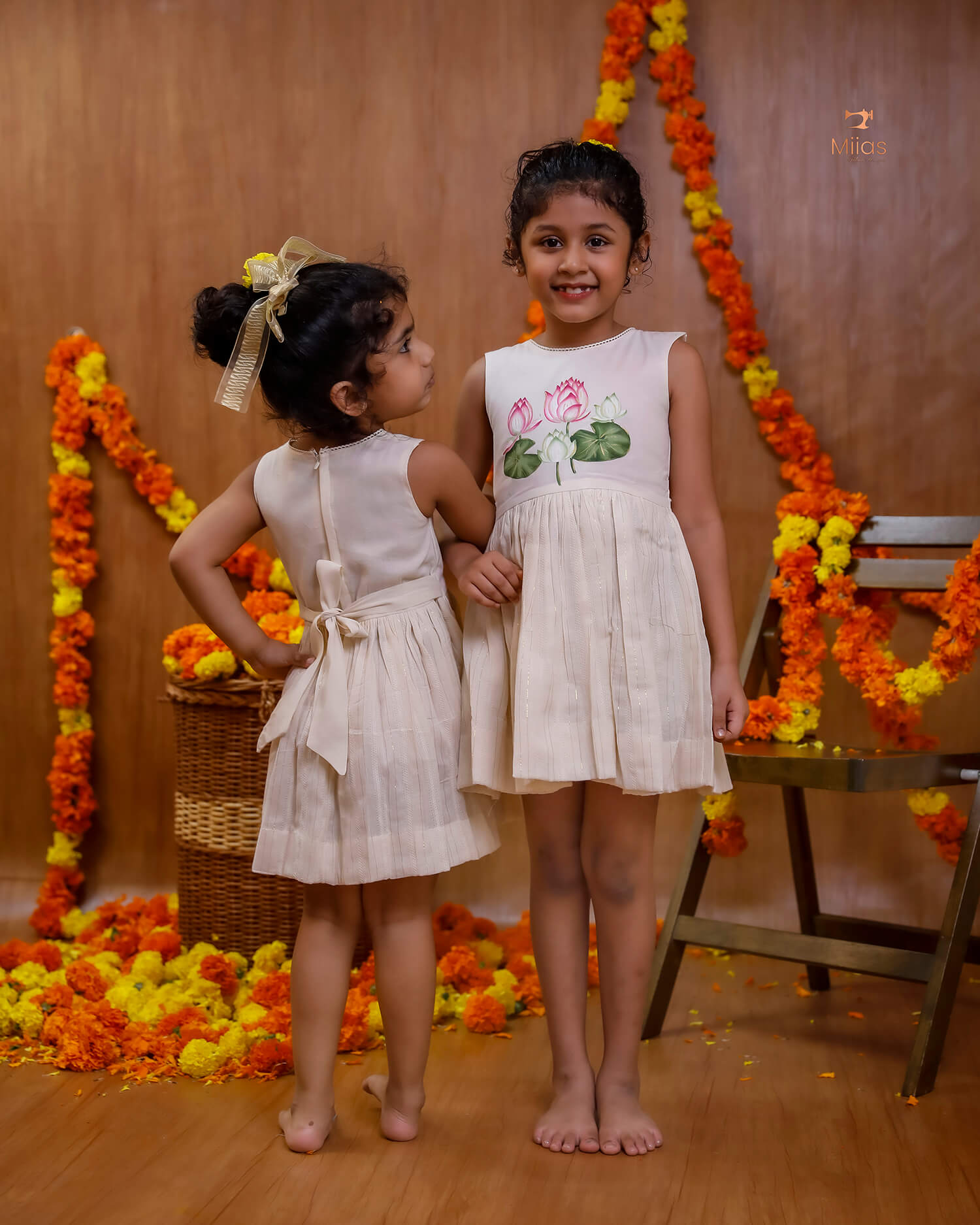 Hand-Painted Lotus Cotton Lurex Kids' Frock for Festive Wear