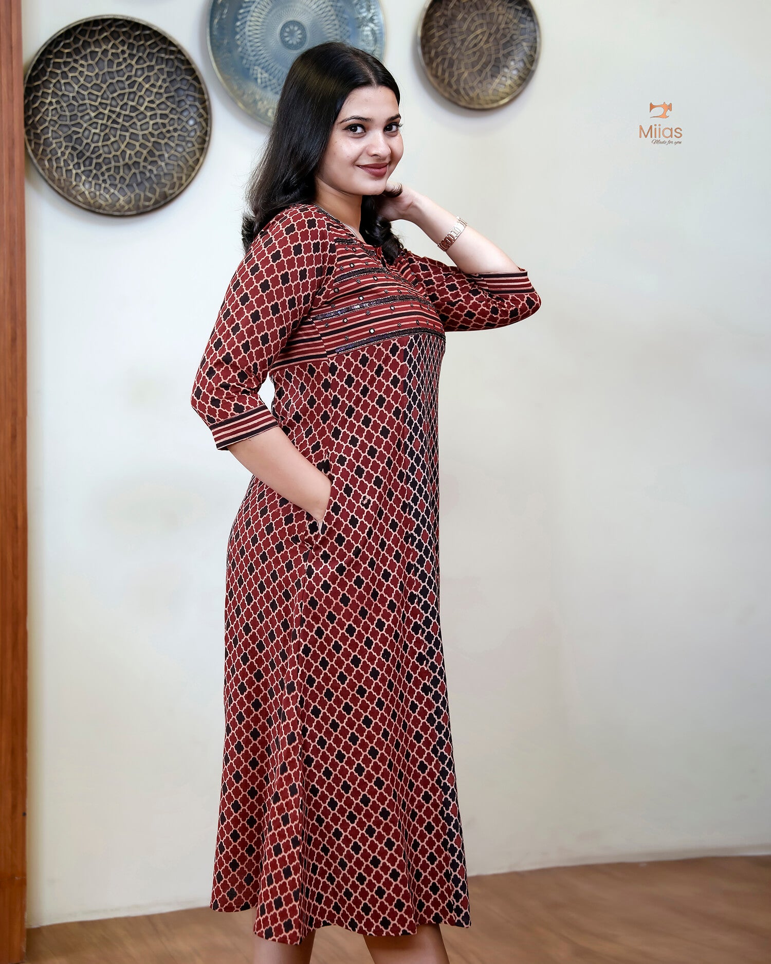 Handblock Print Ajrakh Cotton Kurti: Embroidered Yoke & Two-Tone Style-Red