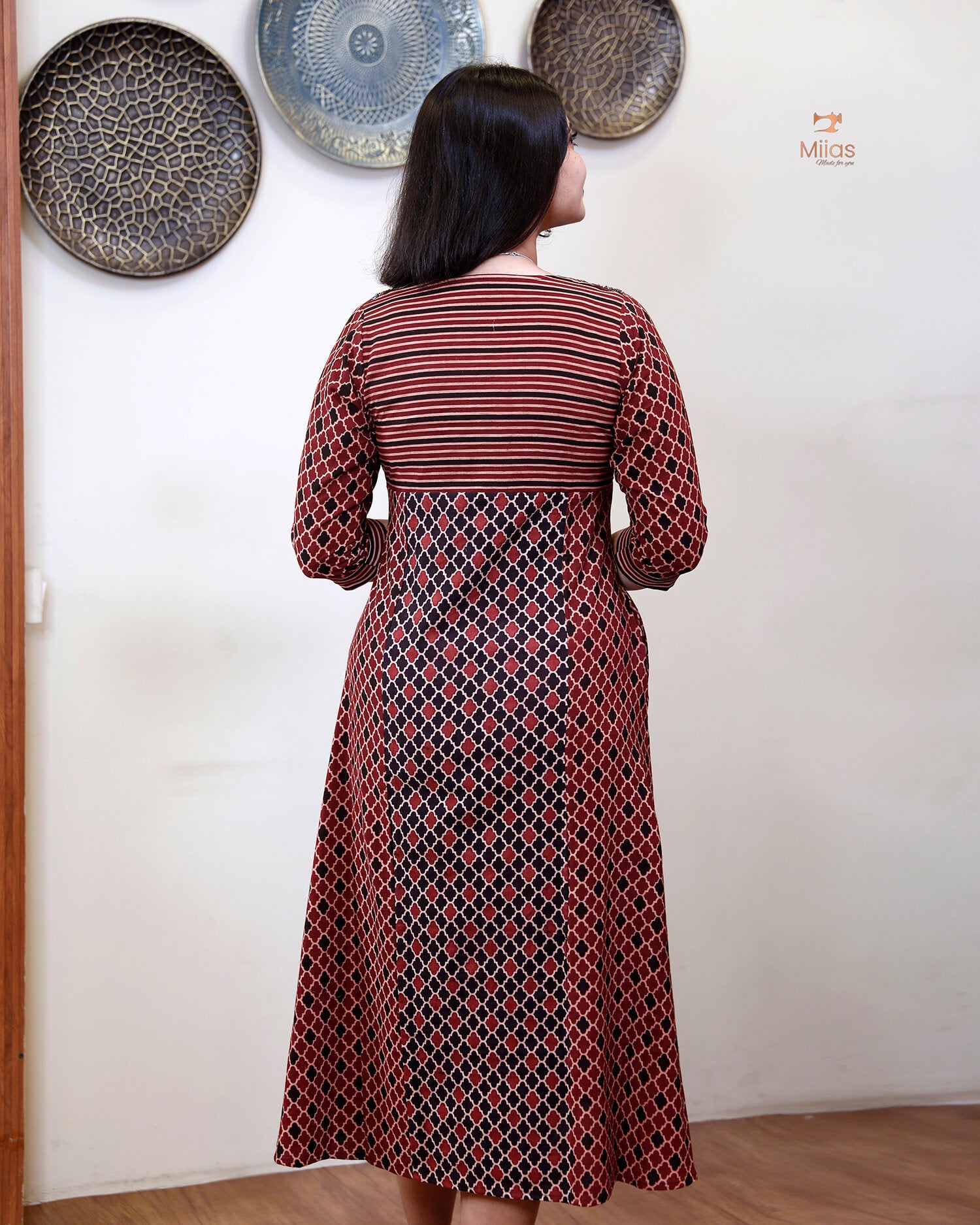 Handblock Print Ajrakh Cotton Kurti: Embroidered Yoke & Two-Tone Style-Red