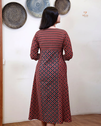 Handblock Print Ajrakh Cotton Kurti: Embroidered Yoke & Two-Tone Style-Red