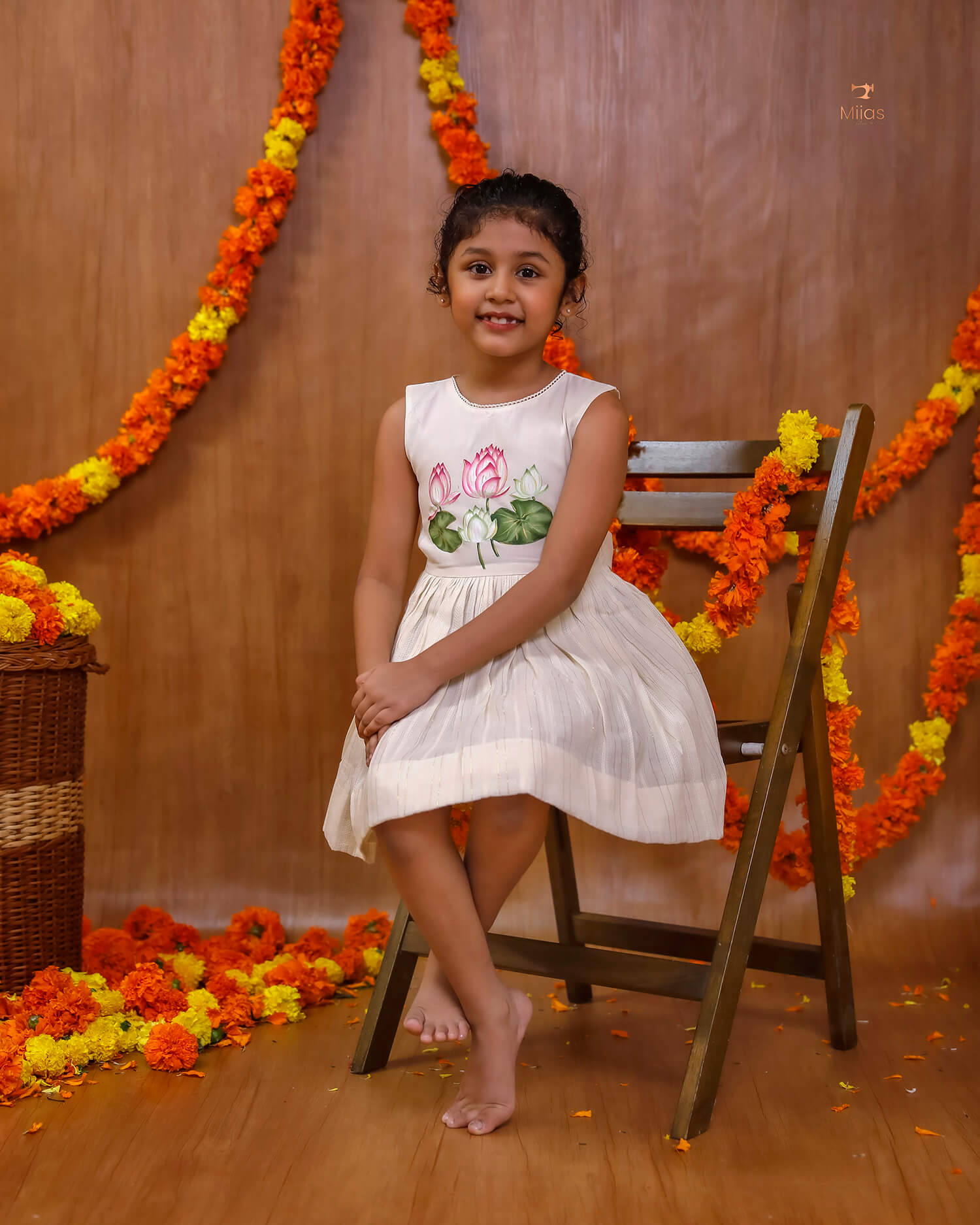 Hand-Painted Lotus Cotton Lurex Kids' Frock for Festive Wear
