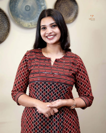 Handblock Print Ajrakh Cotton Kurti: Embroidered Yoke & Two-Tone Style-Red