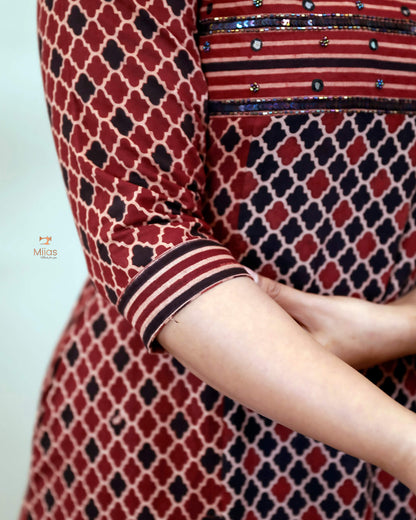 Handblock Print Ajrakh Cotton Kurti: Embroidered Yoke & Two-Tone Style-Red