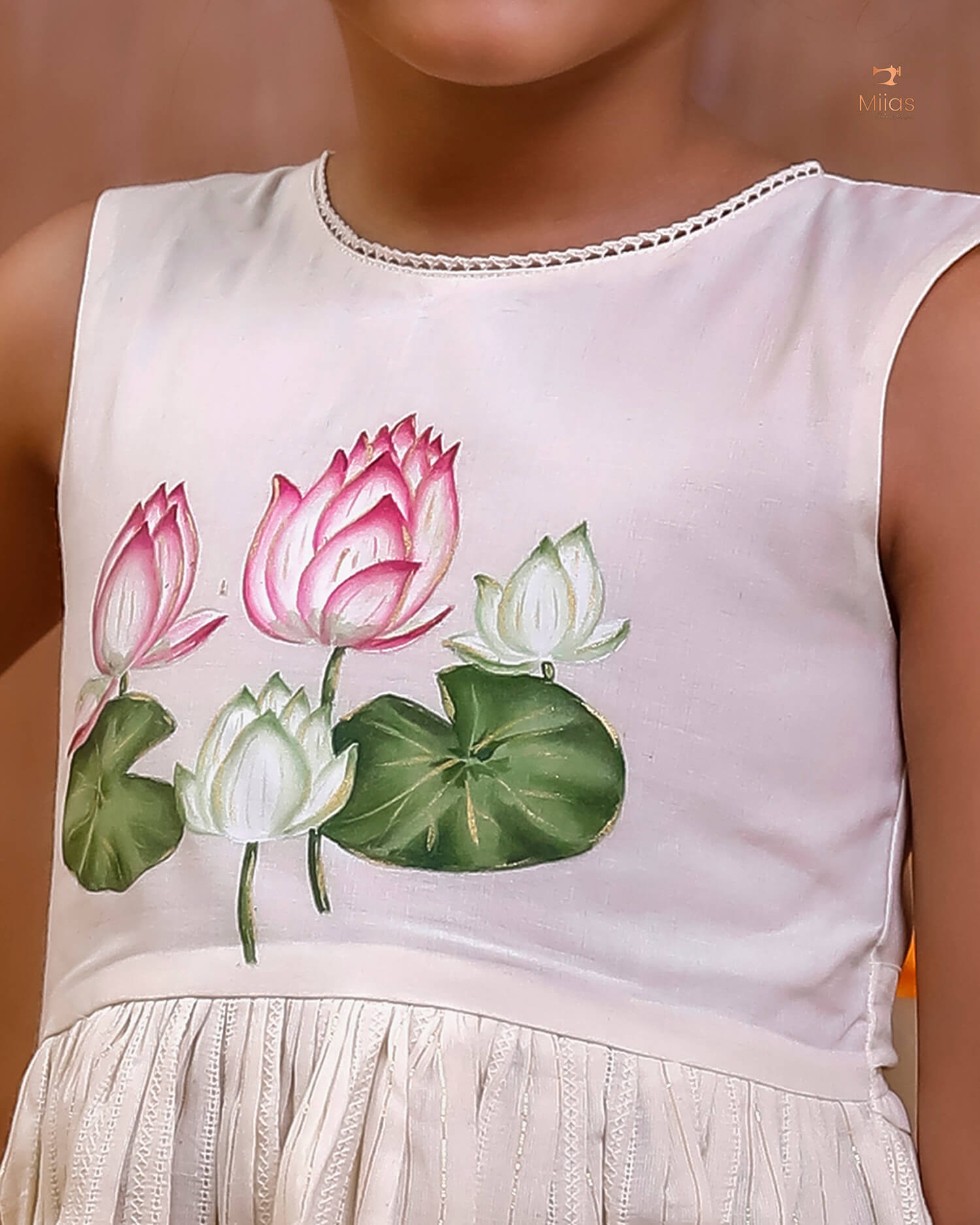 Hand-Painted Lotus Cotton Lurex Kids' Frock for Festive Wear