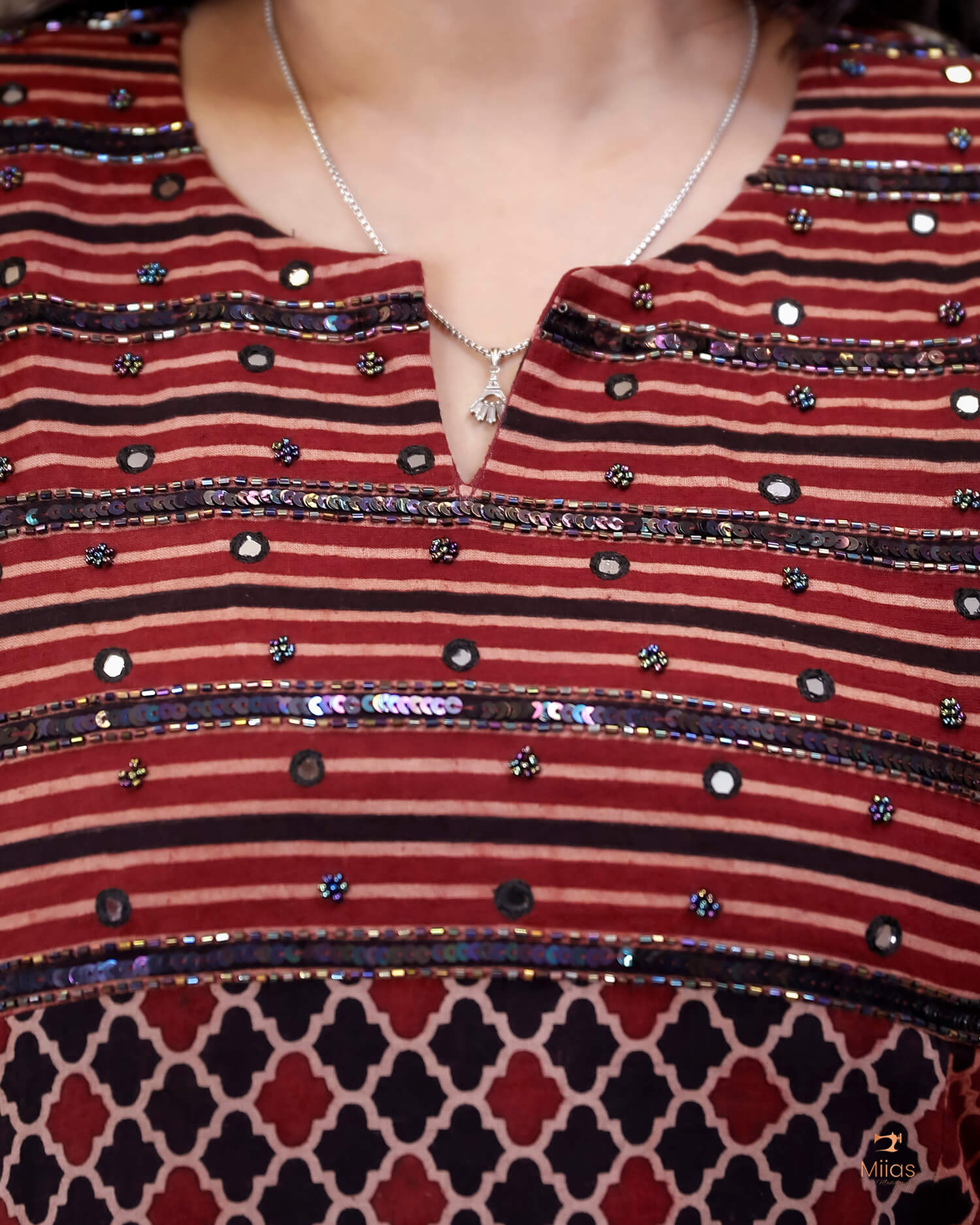 Handblock Print Ajrakh Cotton Kurti: Embroidered Yoke & Two-Tone Style-Red