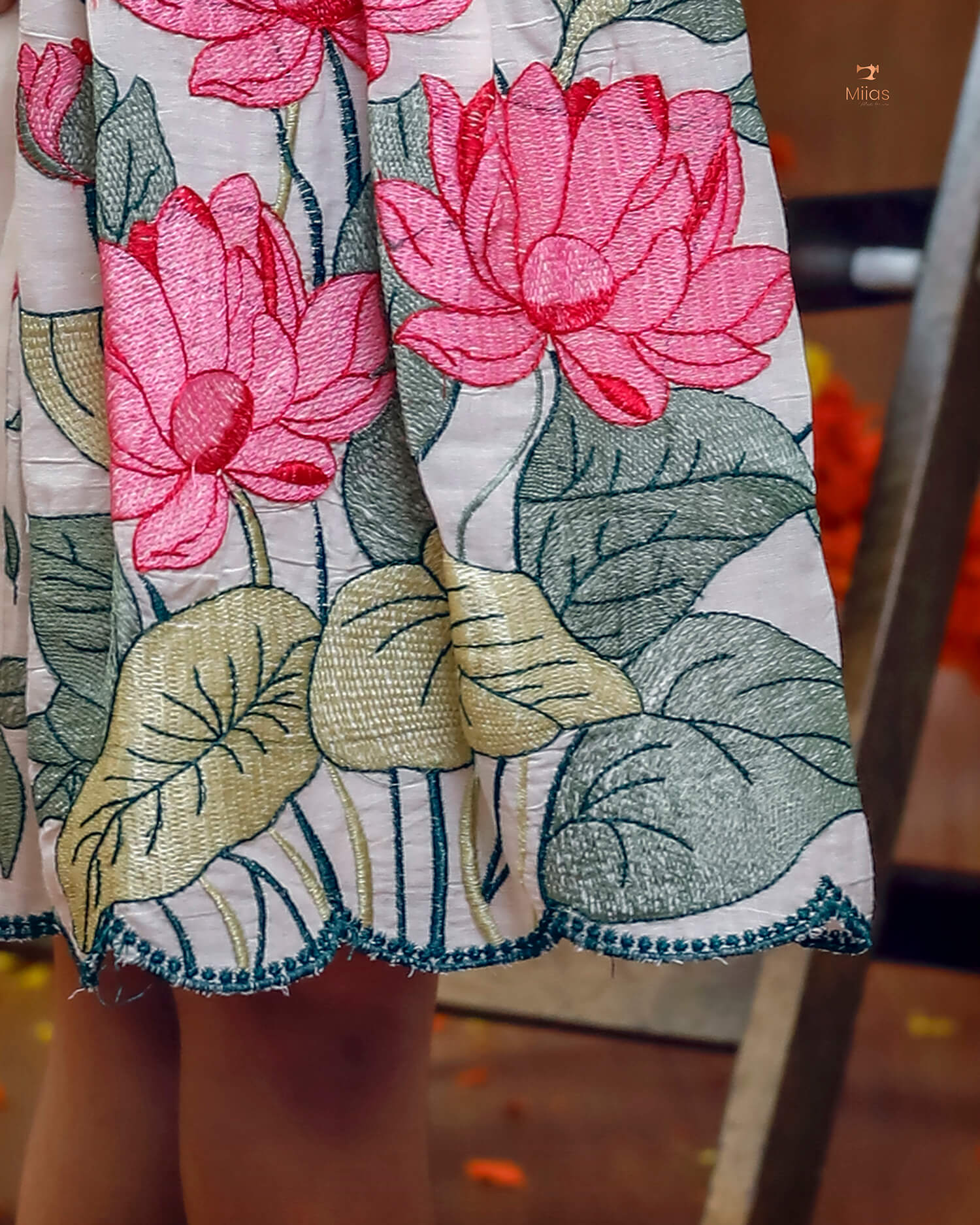 Embroidered Cotton A-Line Frock – Elegant Pleated & Lined