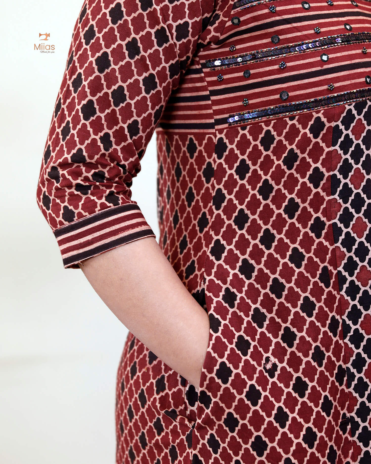 Handblock Print Ajrakh Cotton Kurti: Embroidered Yoke & Two-Tone Style-Red