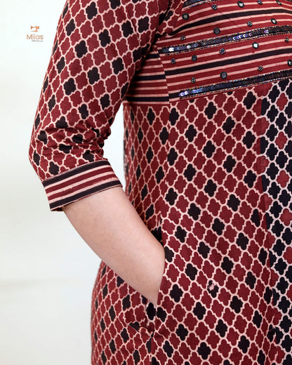 Handblock Print Ajrakh Cotton Kurti: Embroidered Yoke & Two-Tone Style-Red