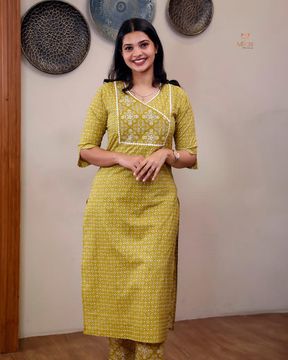 Cotton Co-ord Set: Dual-Print Top & Lace Detail-Lemon Yellow