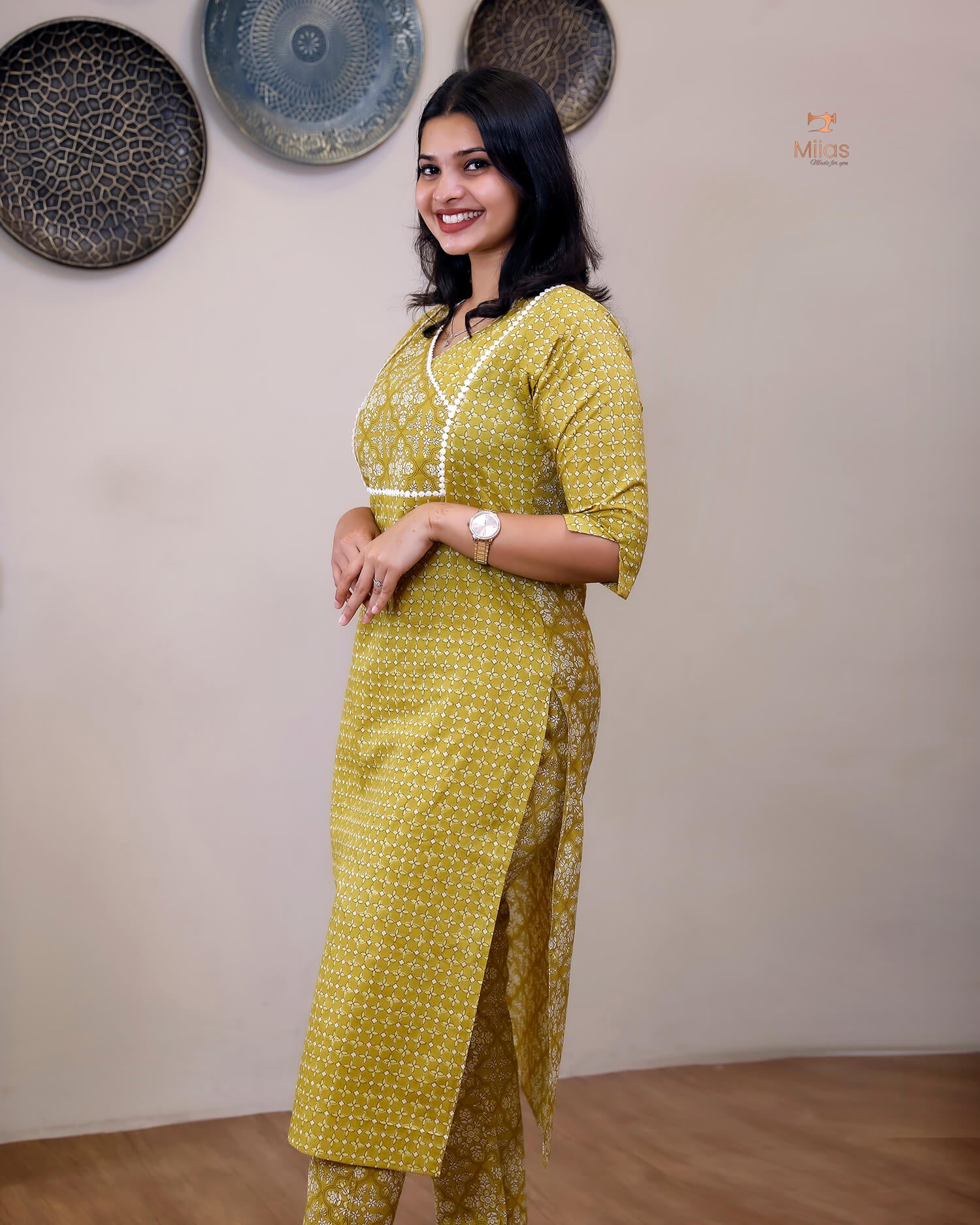 Cotton Co-ord Set: Dual-Print Top & Lace Detail-Lemon Yellow