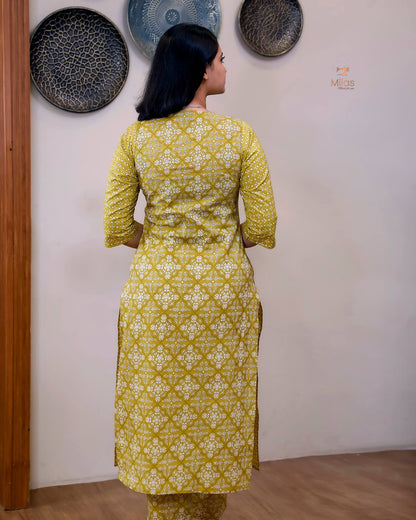 Cotton Co-ord Set: Dual-Print Top & Lace Detail-Lemon Yellow