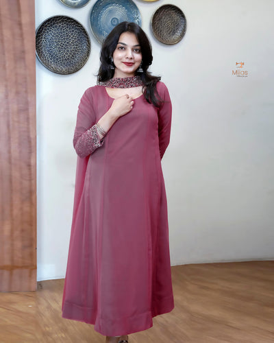 Georgette Two-Piece Set | Beaded Panel Top + Dupatta | Dark Onion Pink