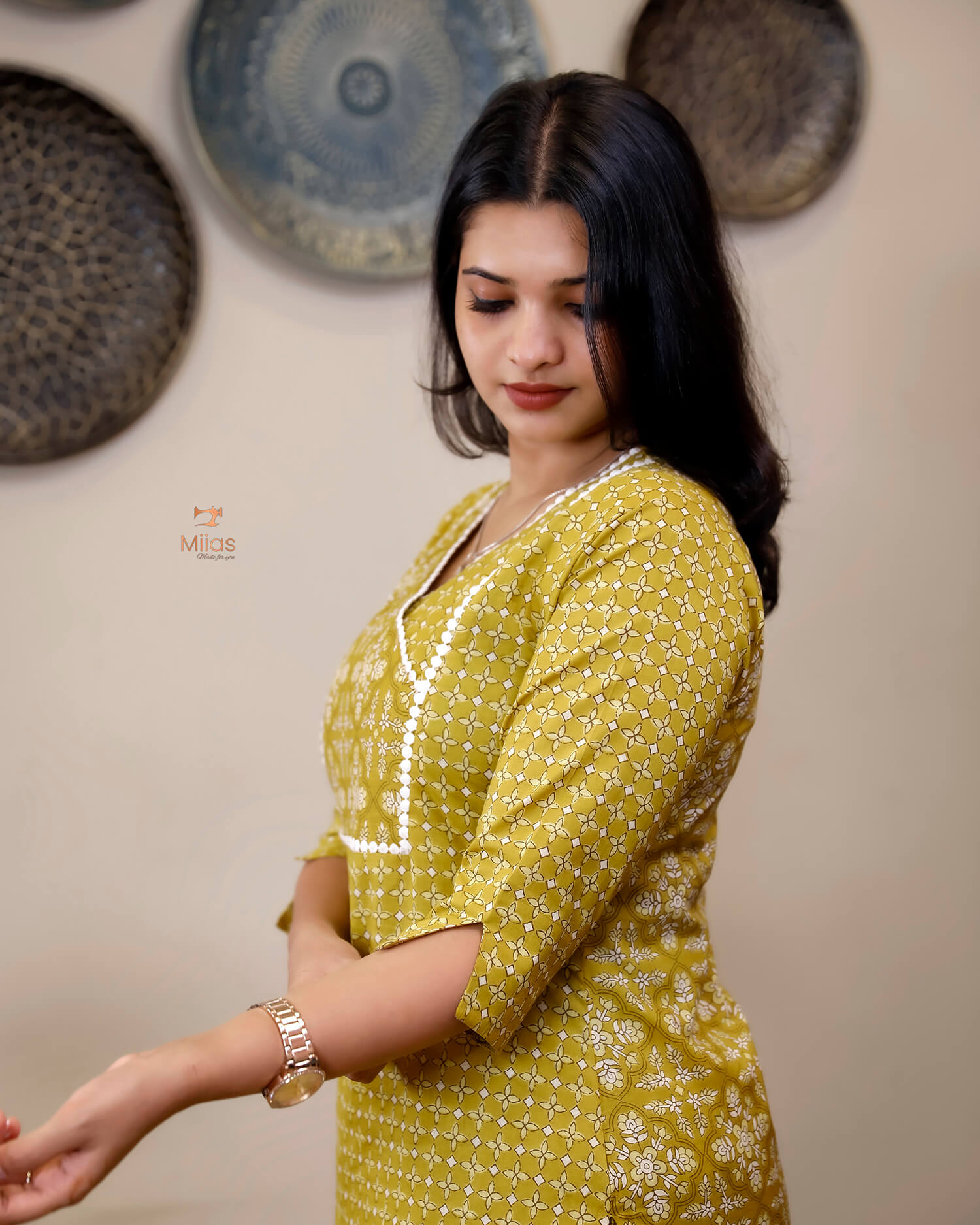 Cotton Co-ord Set: Dual-Print Top & Lace Detail-Lemon Yellow