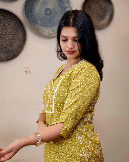 Cotton Co-ord Set: Dual-Print Top & Lace Detail-Lemon Yellow