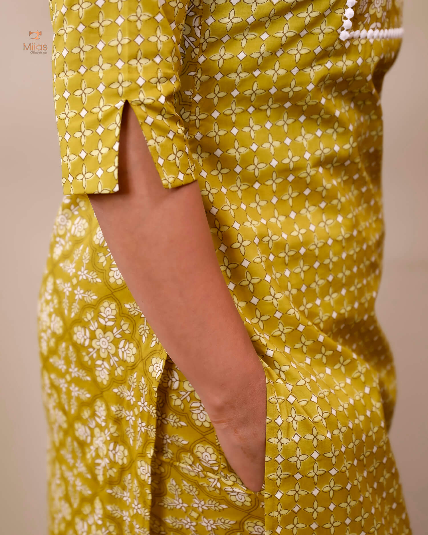 Cotton Co-ord Set: Dual-Print Top & Lace Detail-Lemon Yellow