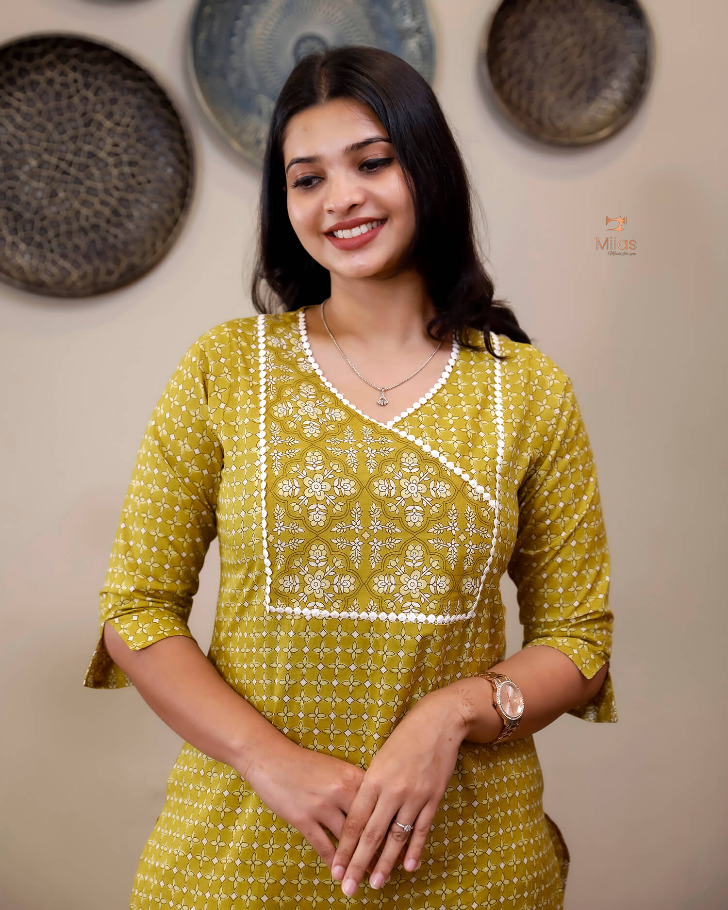 Cotton Co-ord Set: Dual-Print Top & Lace Detail-Lemon Yellow