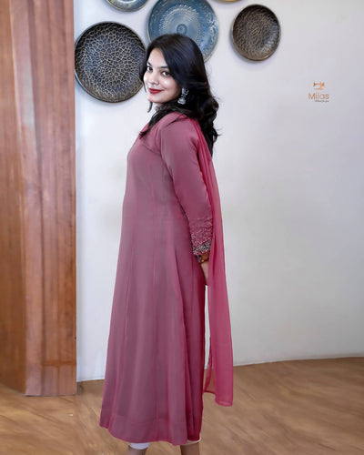 Georgette Two-Piece Set | Beaded Panel Top + Dupatta | Dark Onion Pink