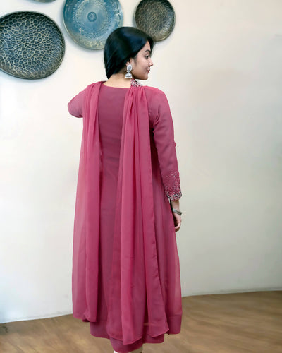 Georgette Two-Piece Set | Beaded Panel Top + Dupatta | Dark Onion Pink