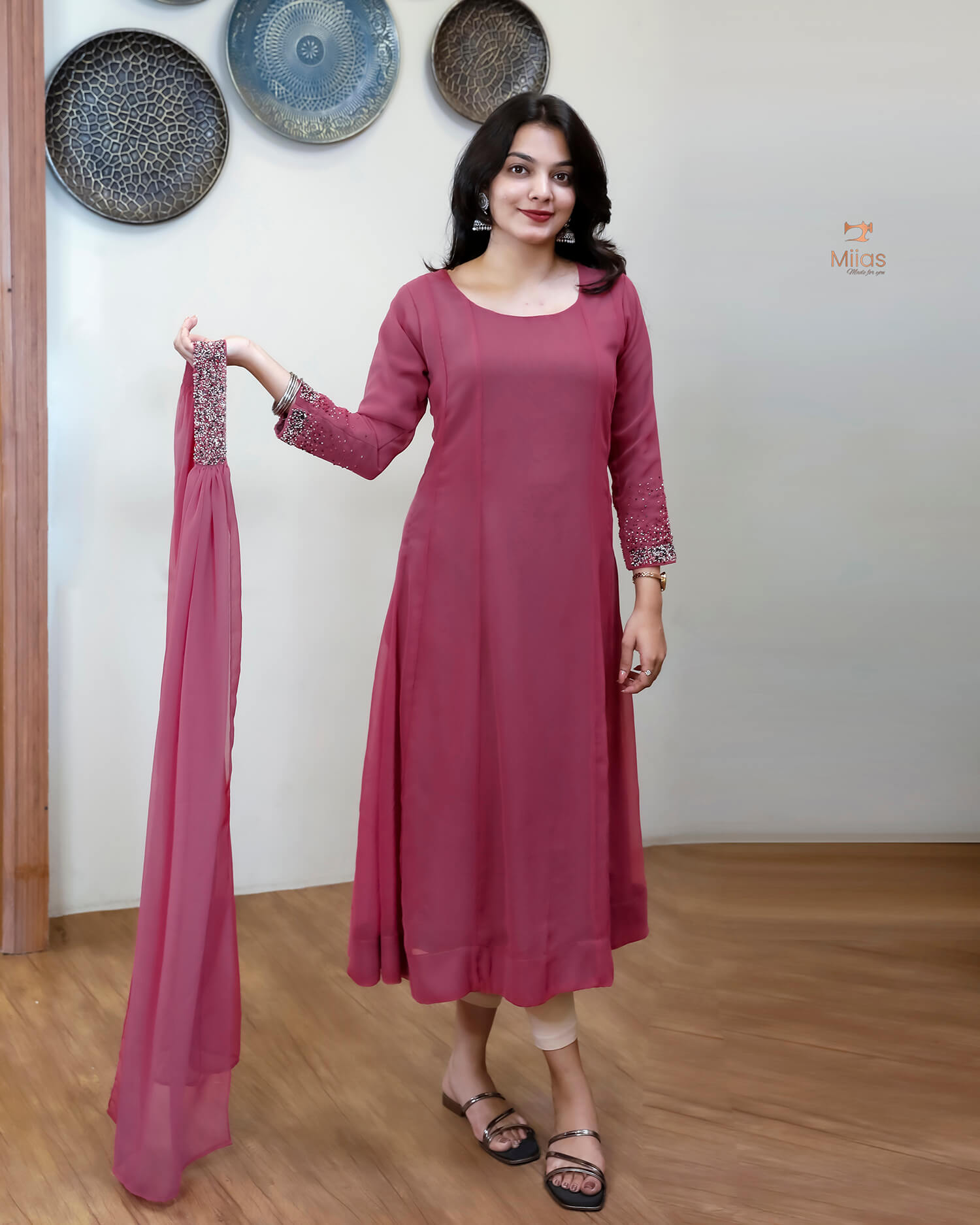 Georgette Two-Piece Set | Beaded Panel Top + Dupatta | Dark Onion Pink