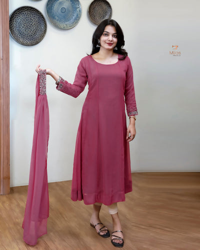 Georgette Two-Piece Set | Beaded Panel Top + Dupatta | Dark Onion Pink