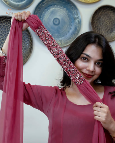 Georgette Two-Piece Set | Beaded Panel Top + Dupatta | Dark Onion Pink