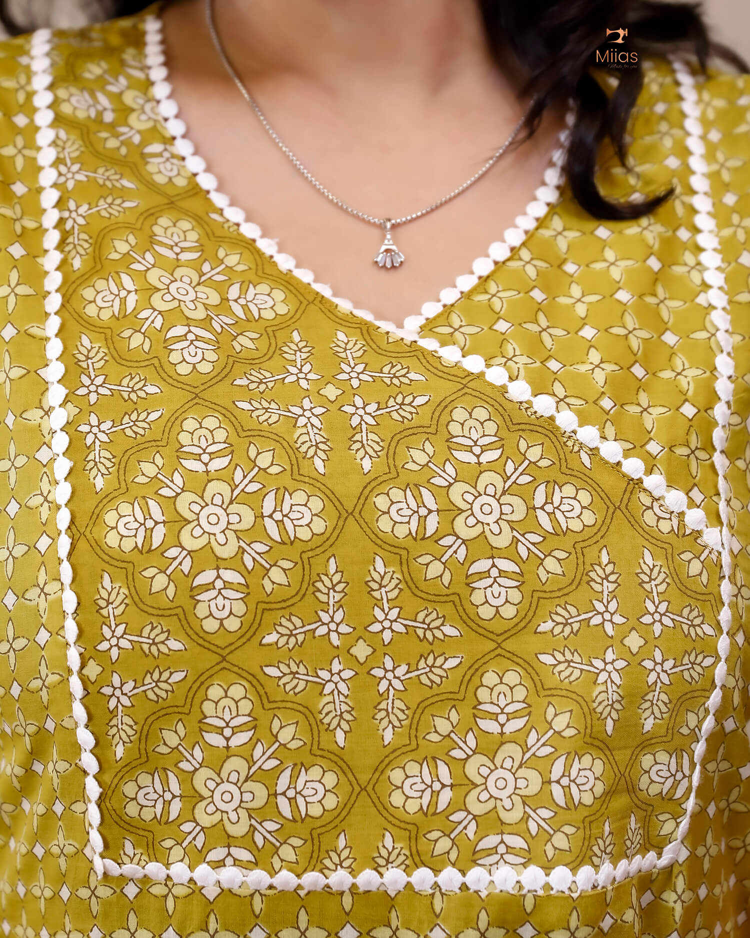 Cotton Co-ord Set: Dual-Print Top & Lace Detail-Lemon Yellow