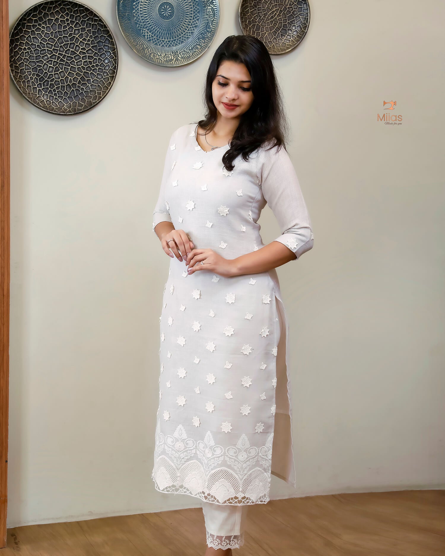Linen-Cotton Crochet Top | Flex Cotton Bottom Set | Cut work | Misty Lavender