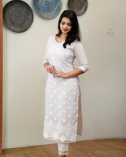 Linen-Cotton Crochet Top | Flex Cotton Bottom Set | Cut work | Misty Lavender