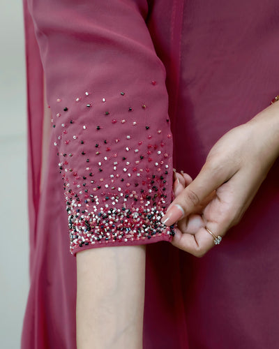 Georgette Two-Piece Set | Beaded Panel Top + Dupatta | Dark Onion Pink