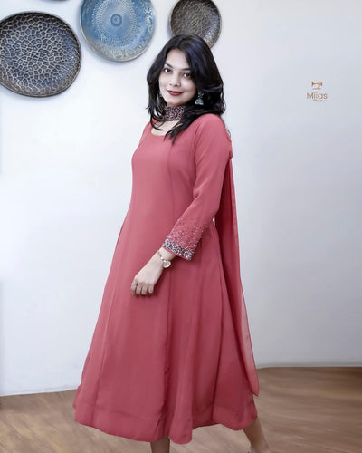 Georgette Two-Piece Set | Beaded Panel Top + Dupatta | Mauve