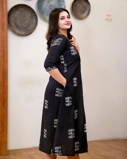 Cotton Kurti Dress:Black Hand Block Print-White Print