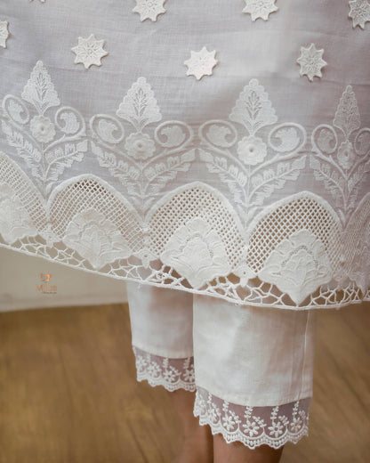 Linen-Cotton Crochet Top | Flex Cotton Bottom Set | Cut work | Misty Lavender