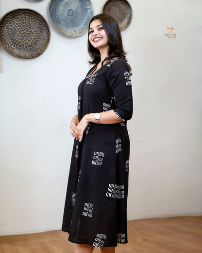 Cotton Kurti Dress:Black Hand Block Print-White Print