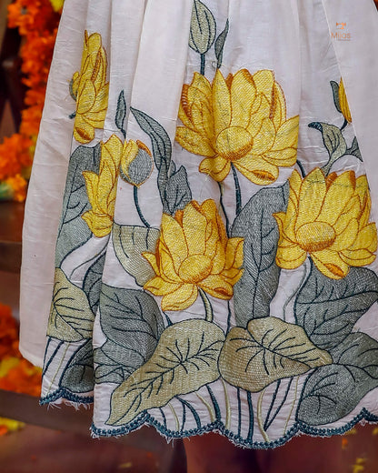Embroidered Cotton A-Line Frock – Elegant Pleated & Lined