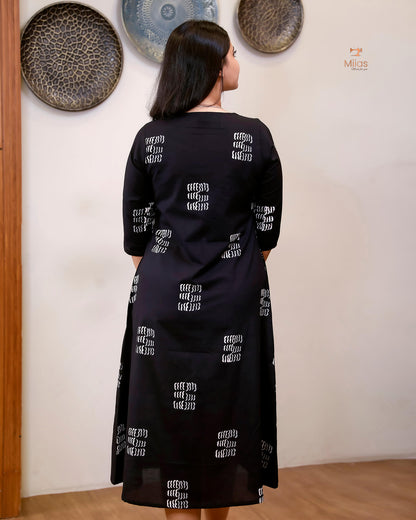 Cotton Kurti Dress:Black Hand Block Print-White Print