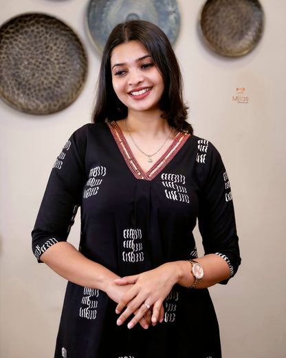 Cotton Kurti Dress:Black Hand Block Print-White Print