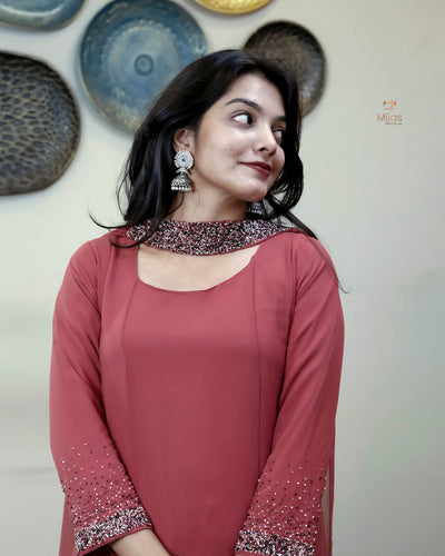 Georgette Two-Piece Set | Beaded Panel Top + Dupatta | Mauve