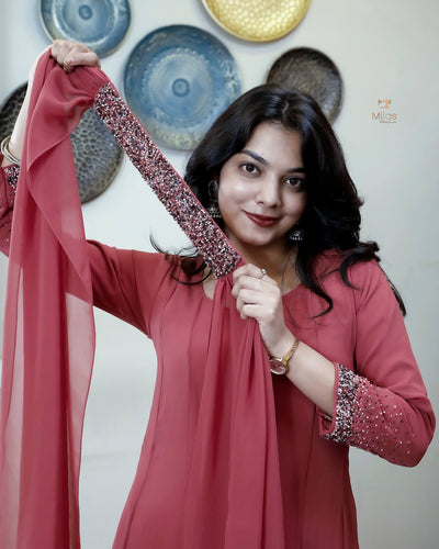 Georgette Two-Piece Set | Beaded Panel Top + Dupatta | Mauve