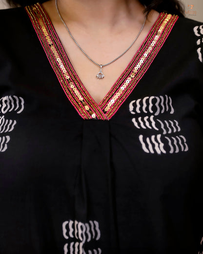 Cotton Kurti Dress:Black Hand Block Print-White Print