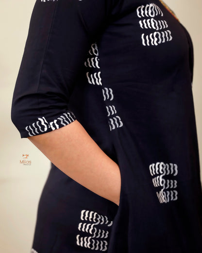 Cotton Kurti Dress:Black Hand Block Print-White Print