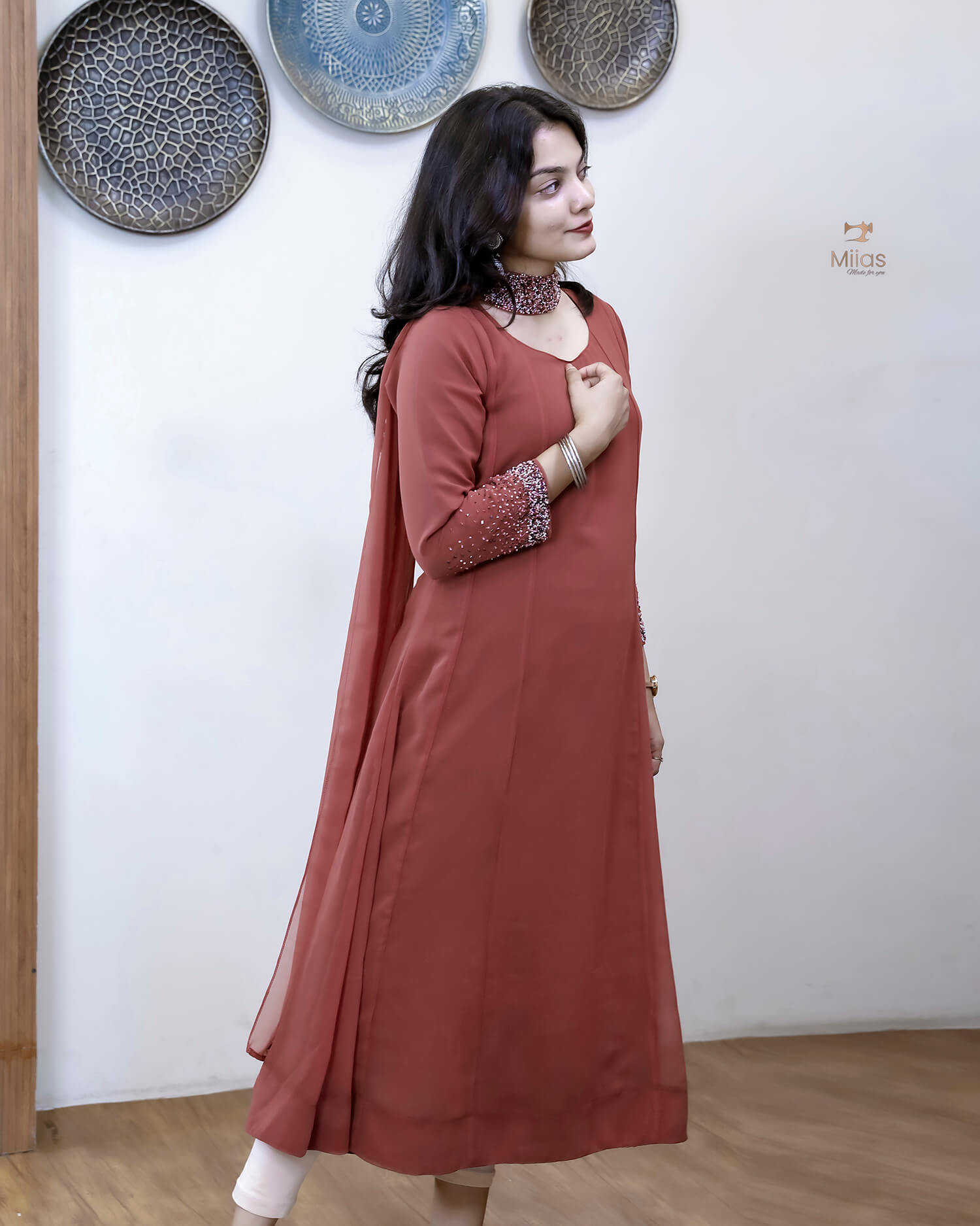 Georgette Two-Piece Set | Beaded Panel Top + Dupatta | Red Wine