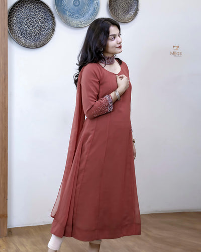 Georgette Two-Piece Set | Beaded Panel Top + Dupatta | Red Wine